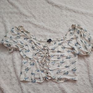 American Eagle Outfitters Peasant White & Blue crop top - Medium Cottagecore